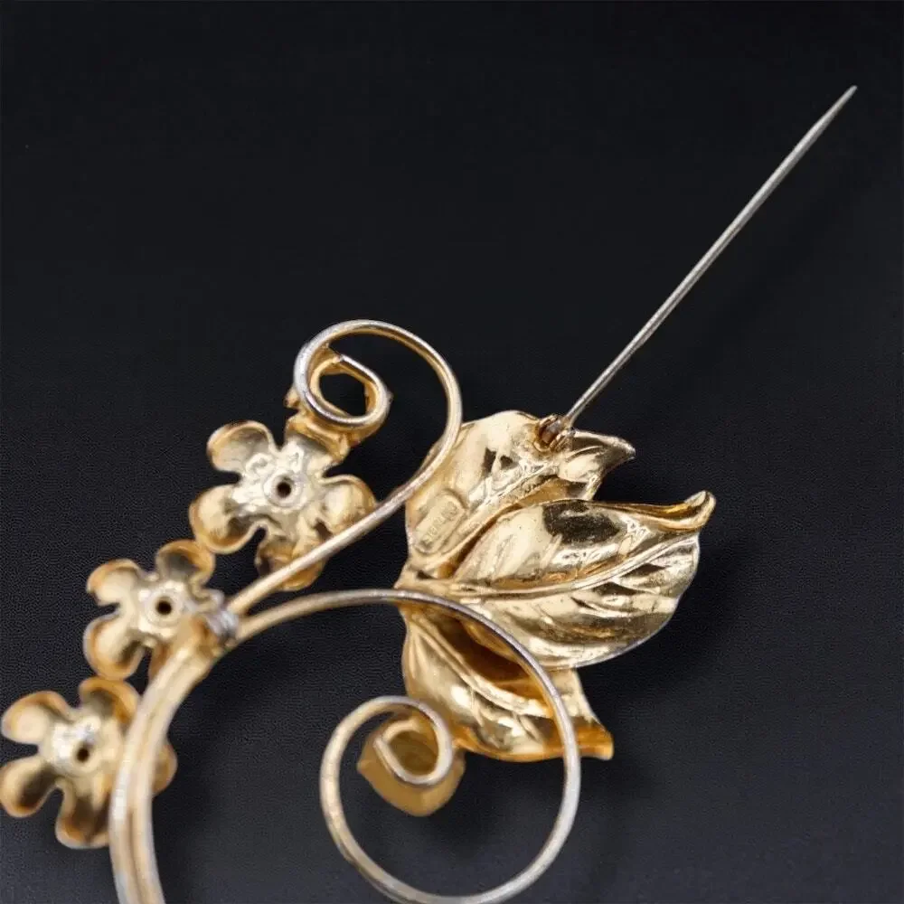 Vintage Sterling Silver Vermeil Flower Floral Spray Brooch Rhinestone Pin‎ 3